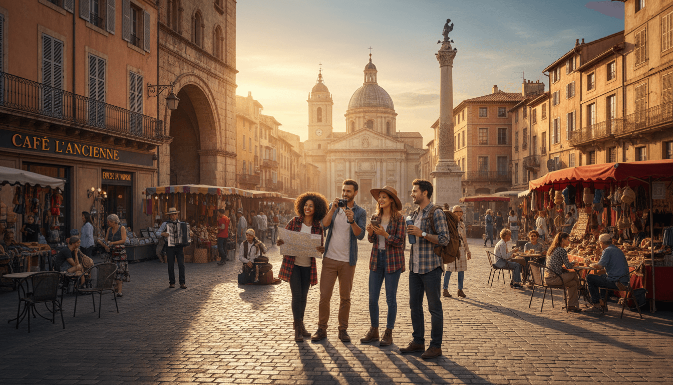 Group of travelers exploring a vibrant local market in a foreign destination