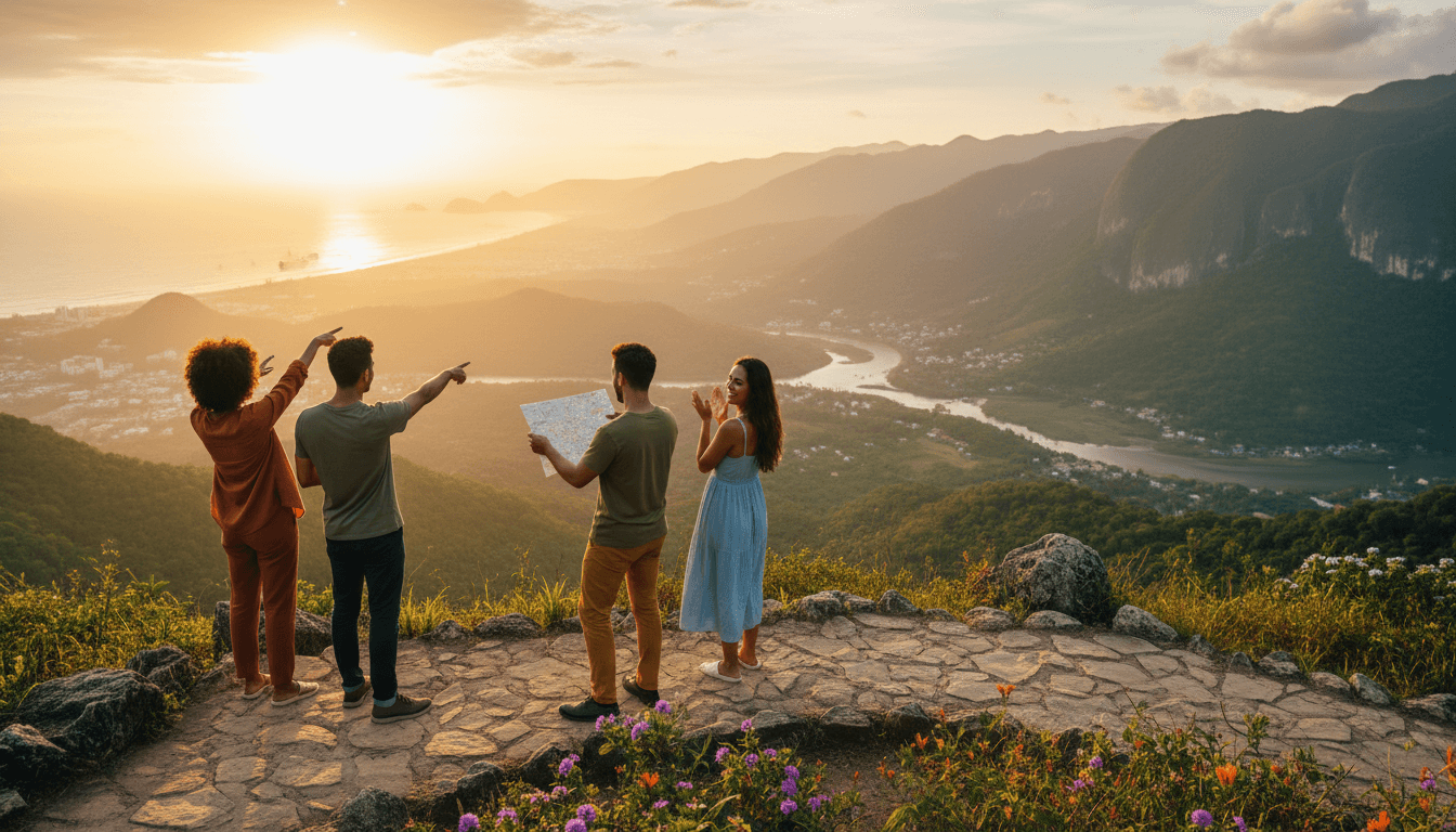 Group of travelers at a scenic viewpoint enjoying a shared travel experience